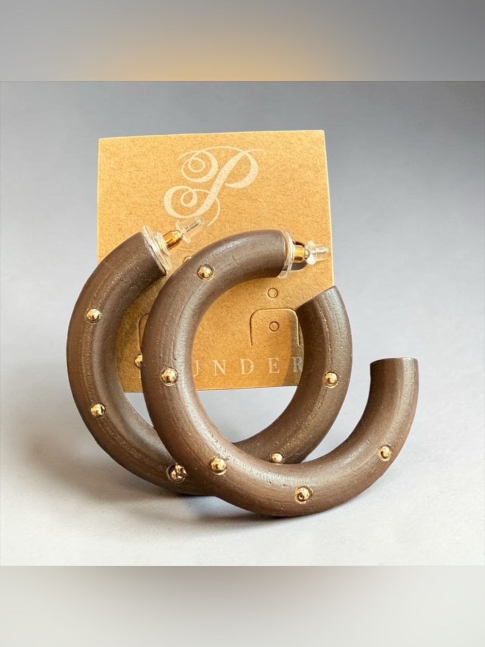 Plunder Dark Brown Wooden Hoop Earrings with Gold Studs
